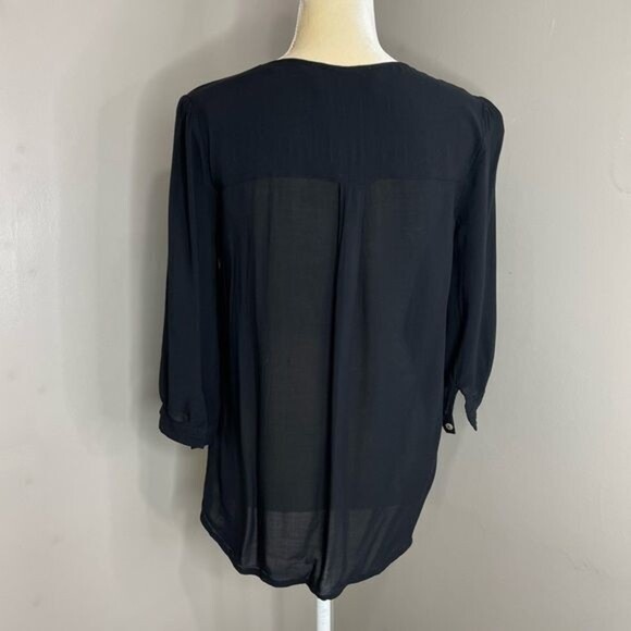 Forever 21 Women Black Top Size Small Boho Embroidered Tie Neck - Picture 2 of 11